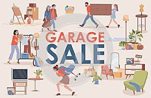 Garage sale vector flat banner template. Happy smiling men and women buy and sell vintage clothes and furniture.