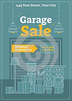 Garage sale vector illustration. Poster, placard or commercial broadsheet for event. Store and shop to sell old and used items. photo