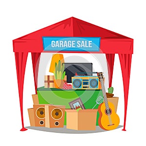 Garage Sale Vector. Sale Items. Preparing A Yard Sale. Isolated Flat Cartoon Character Illustration