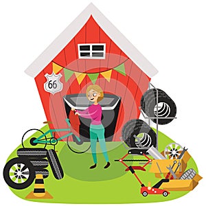 Garage sale, woman sell used car parts, tires wheels in back yard, girl offers spring second hand sale goods vector