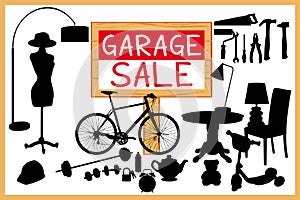 Garage sale woodboard. red cleanout illustration with red wooden signboard. photo