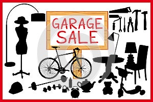 Garage sale woodboard. red cleanout illustration with wooden signboard. photo