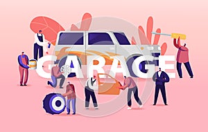 Garage Service Concept. Men Characters in Uniform Auto Maintenance and Fixing. Station Mechanics Staff Car Diagnostics