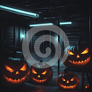 Pumpkins in the dark halloween garage photo