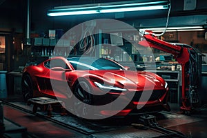Garage Tech Overhaul: A high-tech car undergoing repairs in a garage, a futuristic automotive transformation in progress