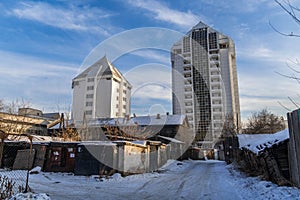 The garages and warehouses in front of the residential buildings in Ulan-Ude, Buryatia, Russia.