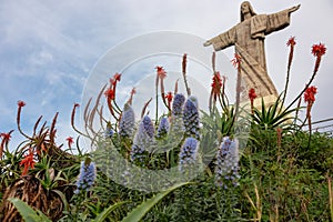 Garajau - Scenic view of majestic statue of Christ the King statue (Cristo Rei) in Garajau, Madeira island, Portugal, Europe