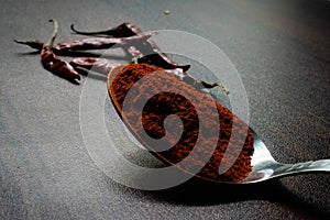 Garam masala powder in bowl and it`s ingredients colourful spices. Served over moody background. selective focus