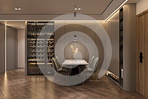 Gray Dining Chairs with Table in front of the mirror bar, Modern Style interior, 3D rendering