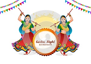 Garba night beautiful woman playing garba and dandiya celebration card design