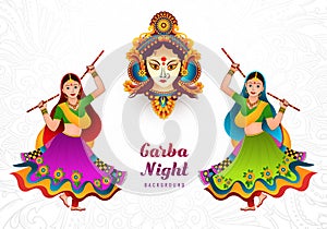 Garba night beautiful woman playing garba and dandiya celebration card illustration design