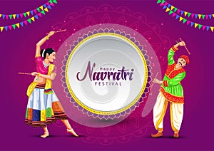 Garba Night poster for Navratri Dussehra festival of India. vector illustration of girls playing Dandiya dance