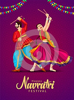 Garba Night poster for Navratri Dussehra festival of India. vector illustration of girls playing Dandiya dance