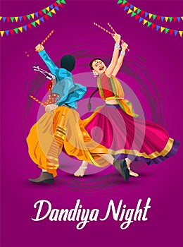 Garba Night poster for Navratri Dussehra festival of India. vector illustration of girls playing Dandiya dance