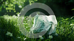 Garbage bag on a background of green grass. Environmental pollution problems