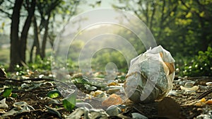 Garbage bag on a background of green grass. Environmental pollution problems