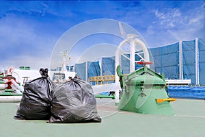 Garbage bag black on the deck of Oil Tanker ship