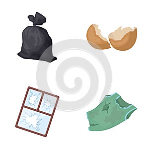 A garbage bag, a broken egg shell, a torn dirty T-shirt, a broken window frame with glass.Garbage and trash set