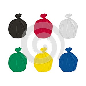 Garbage bag icons set. Plastic waste bags black, red, white, green, yellow and blue.
