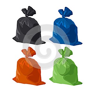 Garbage bag icons set. Rubbish, waste and trash in plastic pack. Vector