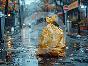 Garbage bag left on the street during rainy day