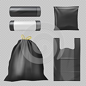 Garbage bag. Plastic containers for trash pollution industrial recycling processes kitchen bag decent vector realistic