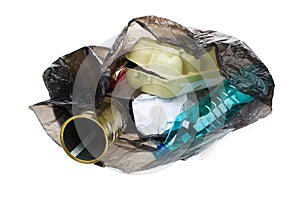 Garbage bag with recyclable trash isolated on white