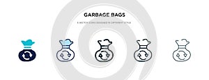 Garbage bags icon in different style vector illustration. two colored and black garbage bags vector icons designed in filled,
