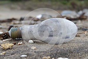 Garbage on a beach, a bulb