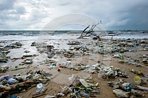 Garbage on beach, environmental pollution in Bali Indonesia.