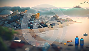 Garbage on the beach. Pollution concept. 3D Rendering