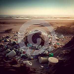 Garbage on the beach. Pollution of the environment concept.