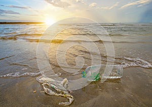 Garbage the beach sea plastic bottle lies on the beach and pollutes the sea and the life of marine life Spilled garbage on the