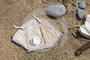 Garbage on a beach, surgical mask, facial mask