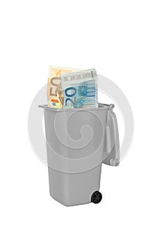 Garbage bin banknotes euro isolated