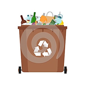 Garbage bin with mixed waste. Trash container with unsorted mixed rubbish. Vector illustration
