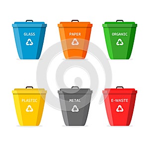 Garbage bin with recycle icon. Set for trash. Big containers for recycling waste sorting - plastic, glass, metal, paper, organic,