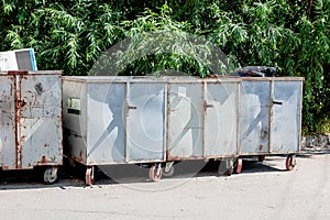 Garbage bins near green trees in a town