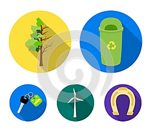 A garbage can, a diseased tree, a wind turbine, a key to a bio car.Bio and ecology set collection icons in flat style