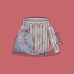 Garbage Can with a garbage bag character vector illustration.