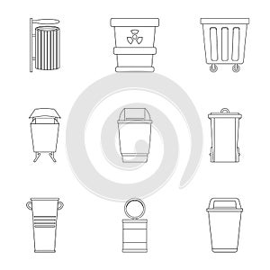 Garbage can icon set, outline style