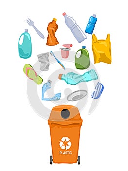 Garbage can with plastic garbage elements, vector illustration