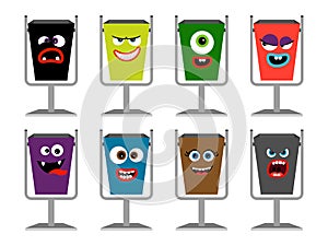 Garbage cans with faces vector illustration.