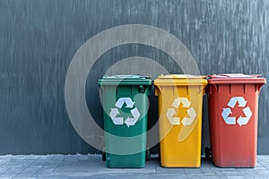 garbage cans with recycle symbols and copy space on grey background