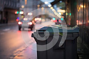 Garbage cans and street lights in urban city, evening