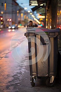 Garbage cans and street lights in urban city, evening