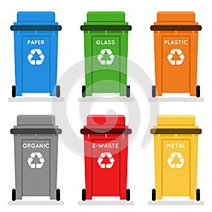 Garbage cans trash separation recycling isolated flat design icons set vector illustration