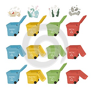 Garbage cans vector hand draw illustrations. Many garbage cans with sorted garbage. Sorting garbage. Ecology and recycle