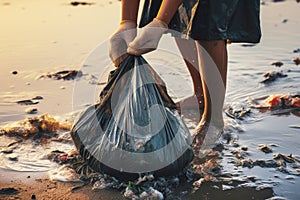 Garbage collection on the coast: woman\'s efforts to save nature