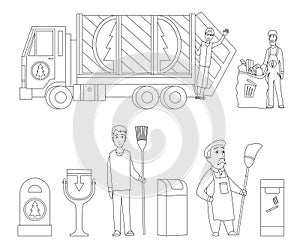 Garbage collection coloring book page. Garbage truck, garbage man in uniform waste bag recycle bin. Waste management